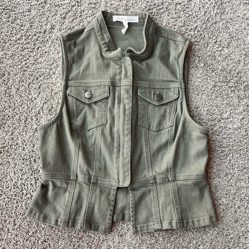 BCBG Fitted Army Green Jean Vest